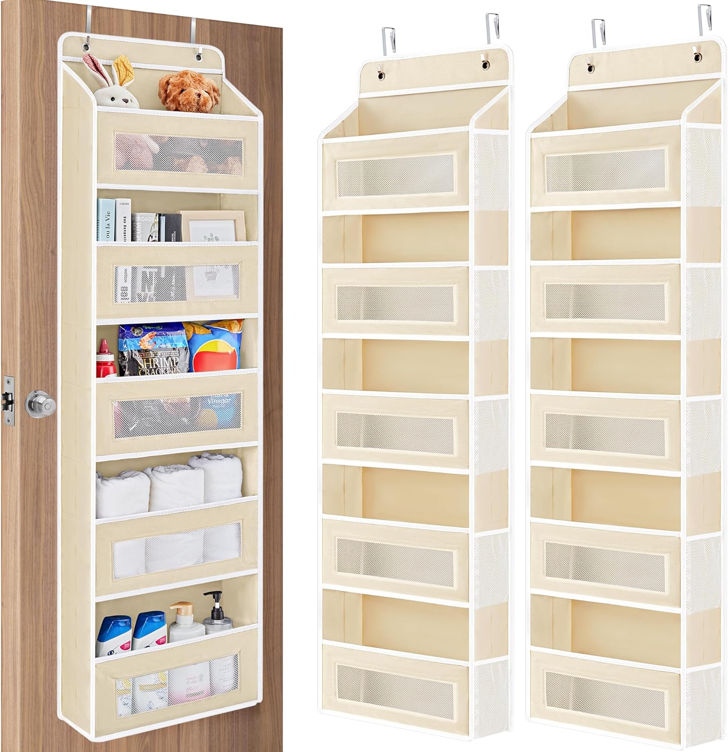 JARLINK 2 Pack Over The Door Organizer Storage, 5 Shelf Hanging Door Organizer with 5 Large Capacity Pockets, Anti Tilt 44 lb Load Behind Door Storage for Bedroom, Bathroom, Pantry, Nursery, (Beige)**